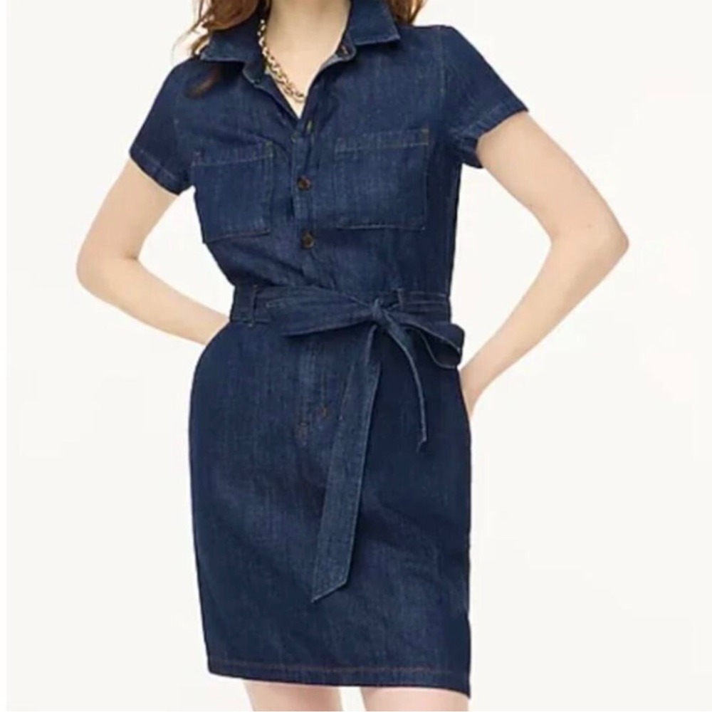 J. Crew Denim Utility Shirtdress With Belt 4 Dark Indigo Short Sleeves Button Up